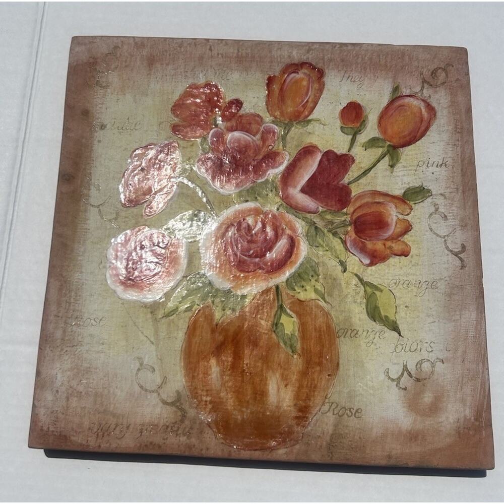 Rustic Floral Wall Plaque Hand Painted Textured Flowers Vase Cottage Decor